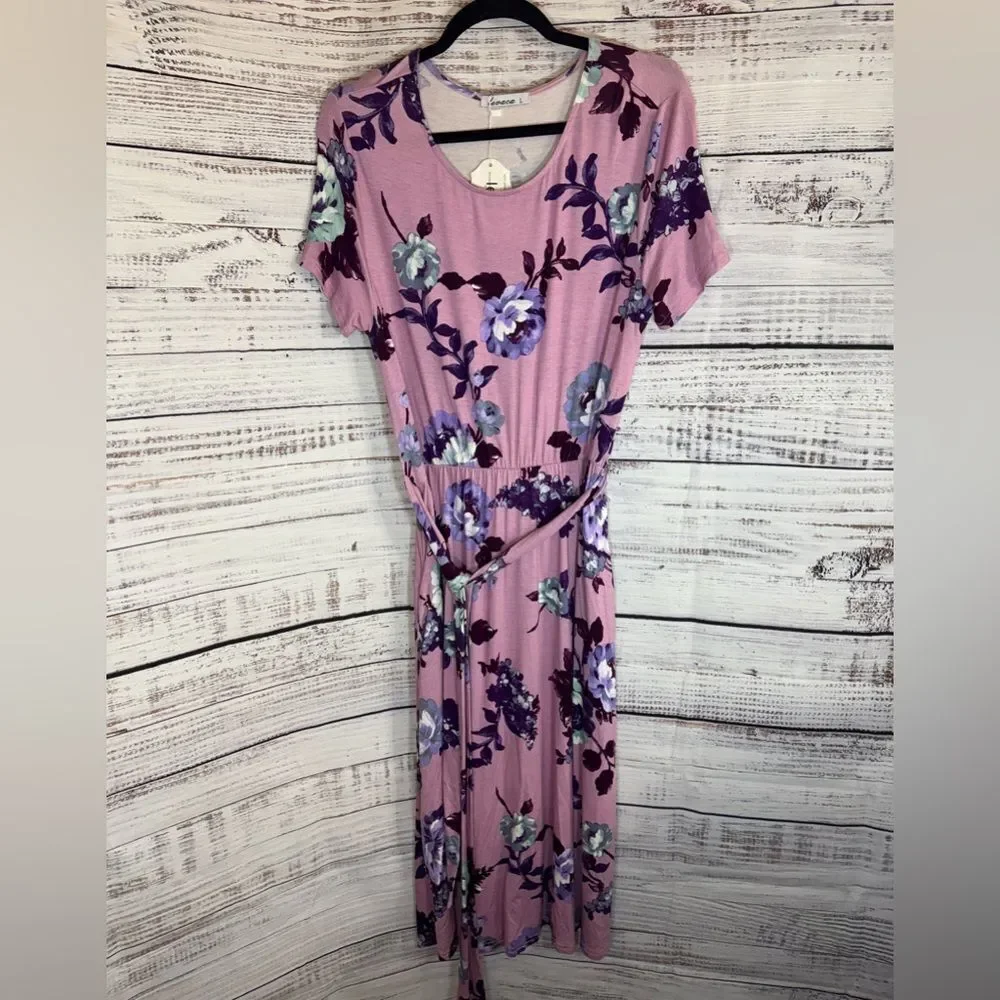 Levaca Dress Womens Size Large Floral belted Short Sleeve Maxi Summer casual New